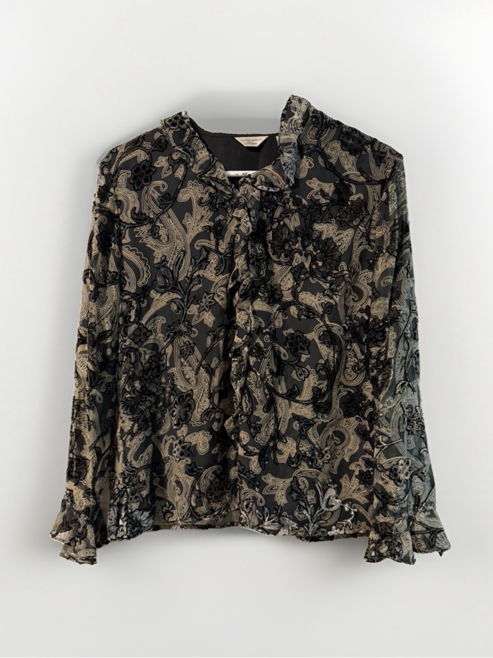 Laura Ashley Velvet/Sheer Ruffle Neckline and Cuffs Blouse - Size 12p
